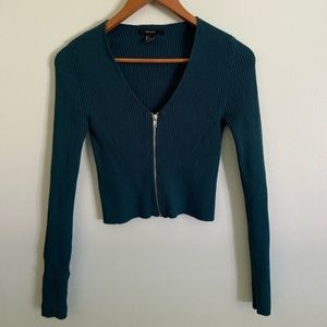 Forever 21 Green ribbed zip up crop sweater